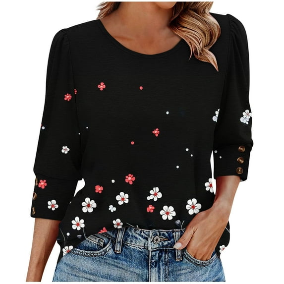 Makaor Fashion Tops for Women Trendy Plus Size Crew Neck Shirts Button Graphic 3/4 Sleeve Pullover Tees Cute Outfits Clothes