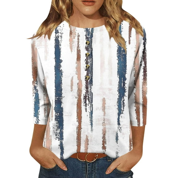 Makaor Fashion Tops for Women Trendy Plus Size Crew Neck Shirts Button Graphic 3/4 Sleeve Pullover Tees Cute Vacation Clothes