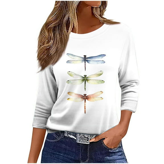 Makaor Fashion Tops for Women Trendy Plus Size Crew Neck Shirts Graphic 3/4 Sleeve Pullover Tees Cute Fall Outfits