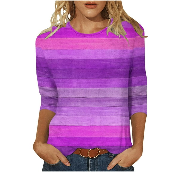 Makaor Fashion Tops for Women Trendy Plus Size Crew Neck Shirts Striped 3/4 Sleeve Pullover Tees Casual Vacation Clothes