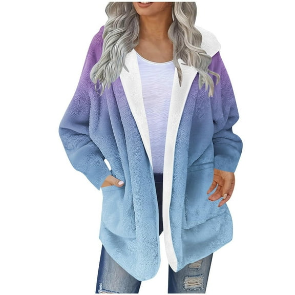 Makaor Fleece Coats Women Pockets Hooded Jacket Gradient Zipper Front Long Sleeve Outerwear Winter Warm Tops Clothes