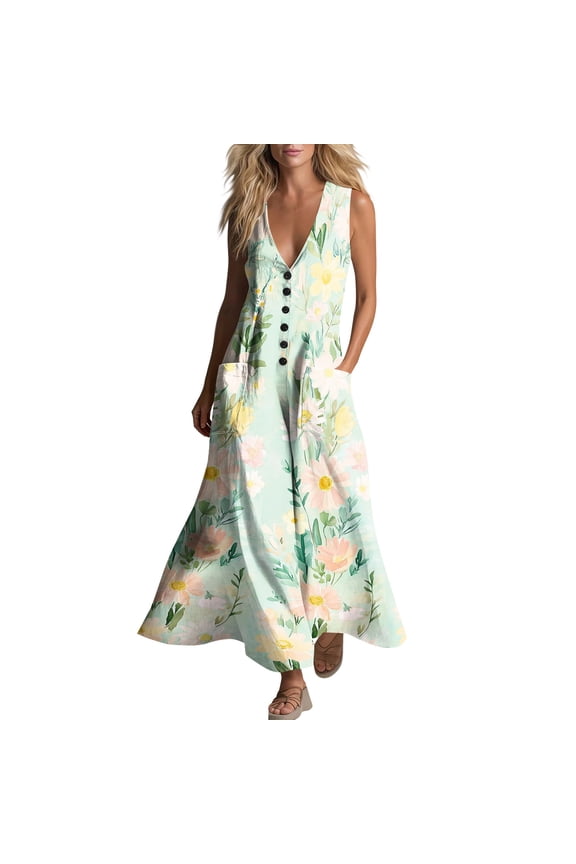 Floral Maxi Dress for Women Sheath Linen Button Dresses Plus Size Sleeveless Dress V Neck Beach Vacation Clothes with Pockets 2XL
