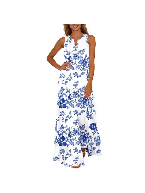 Floral Print Dresses for Women Spring Shift Maxi Dresses Plus Size Sleeveless Dress V Neck Lounge Dress Multicolor 3XL