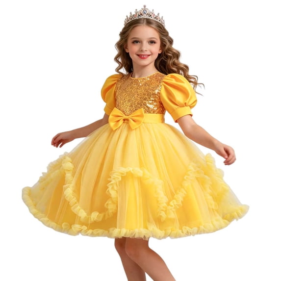 Makaor Flower Girl Dress Toddler Girls Sequin Bow Bubble Birthday Party Dresses Mesh Short Puff Sleeve Formal Dresses Empire Waist Ball Gown Dress
