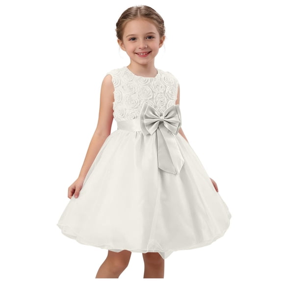 Makaor Flower Girl Dress for Weddings Ruched Bow Formal Dresses Mesh Sleeveless Ball Gown Dress Empire Waist Birthday Party Dresses