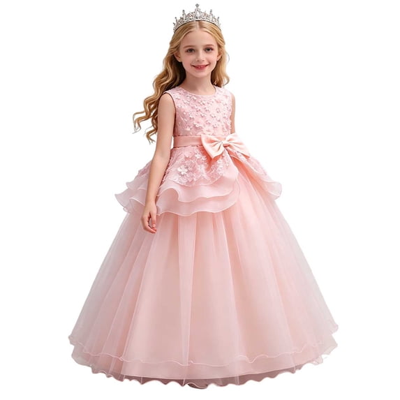 Makaor Flower Girl Dress for Weddings Ruched Tiered Bow Ball Gown Dress Mesh Sleeveless Birthday Party Dresses Empire Waist Maxi Formal Dresses