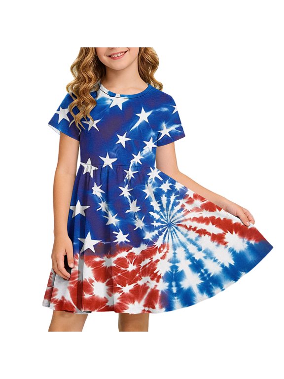 Girls a Line Dress 4th of July Ruched Independence Day Patchwork Short Sleeve Dresses Empire Waist Knee Length Patriotic Dresses