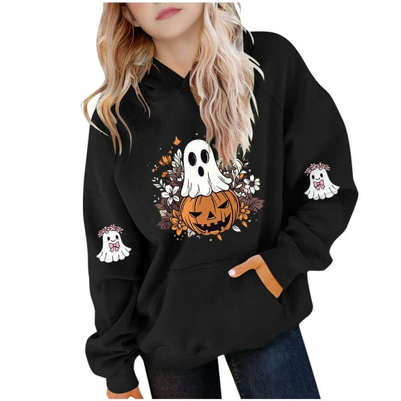 Makaor Hoodie Girls Boys Halloween Pullover Sweatshirts Ghost Long Sleeve Coats Fleece Cute Fall Winter Clothes Pockets