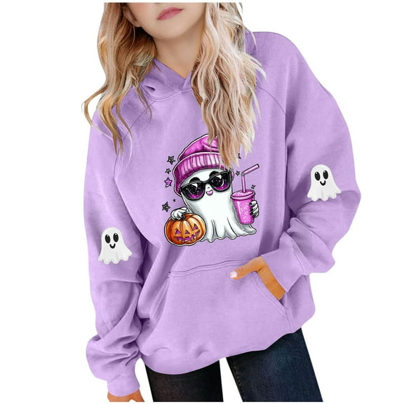 Makaor Hoodies for Girls Boys Halloween Pullover Sweatshirts Ghost Long Sleeve Coats Fleece Clothes Pockets