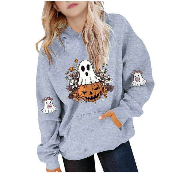 Makaor Hoodies for Girls Boys Halloween Pullover Sweatshirts Ghost Long Sleeve Coats Fleece Cute Fall Clothes Pockets