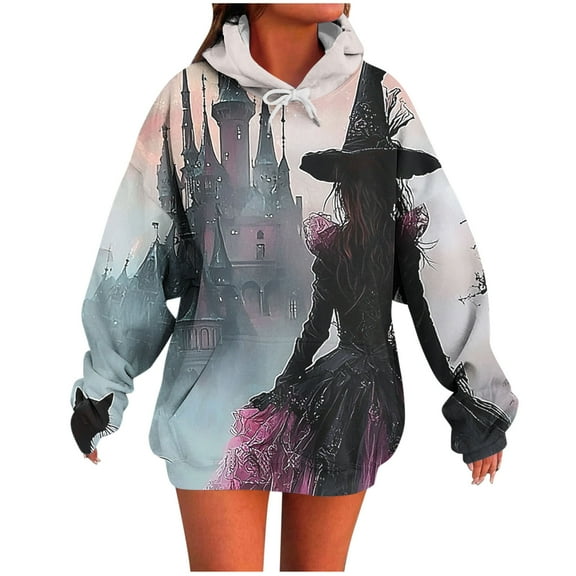 Makaor Hoodies for Women Graphic Halloween Tunic Sweatshirt Fleece Long Sleeve Pullover Oversized Drawstring Tops