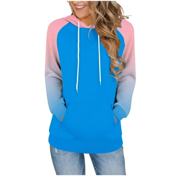 Makaor Womens Sweatshirts Pockets Hooded Tops Tunic Color Block Long Sleeve Pullover Tees Casual Fall Winter Clothes