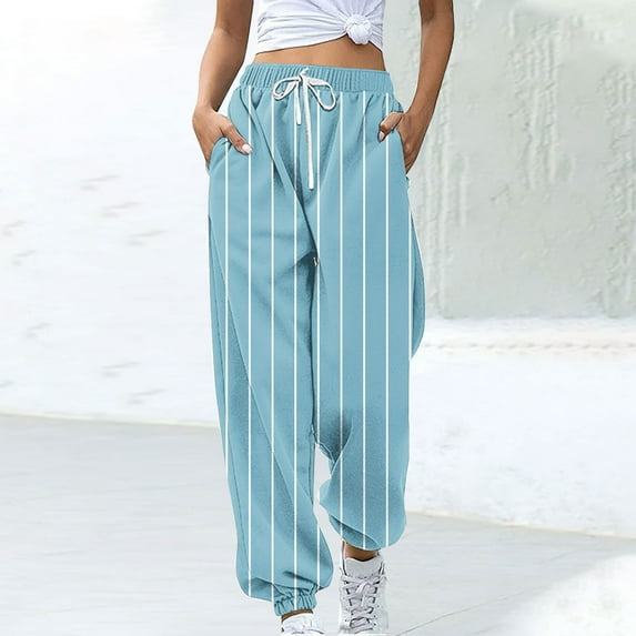 Makaor Jogger Pants for Women with Pockets Cotton Baggy Drawstring Athletic Pants with Elastic Waist Light Blue M