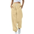 thumbnail image 1 of Makaor Joggers for Women with Pockets Solid Baggy Fleece Loose Sweatpants with Elastic Waist Khaki S, 1 of 6