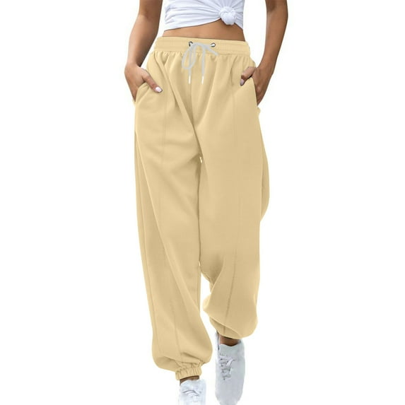 Makaor Joggers for Women with Pockets Solid Baggy Fleece Loose Sweatpants with Elastic Waist Khaki S