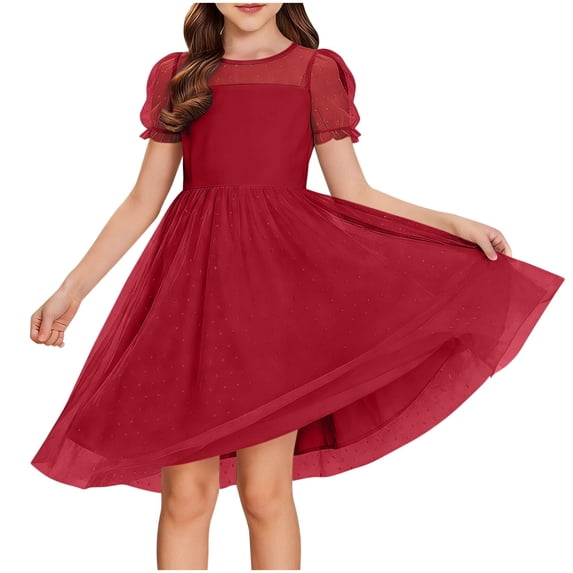 Makaor Kids Birthday Party Dress Girls Ball Gown Dress Mesh Polka Dot Short Sleeve Wedding Guest Dresses Empire Waist Formal Dresses