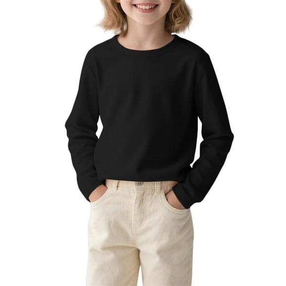 Makaor Kids Boys Girls Blouses Dressy Crew Neck Shirts Tops Solid Long Sleeve Pullover Tees Cotton Casual Fall Outfits