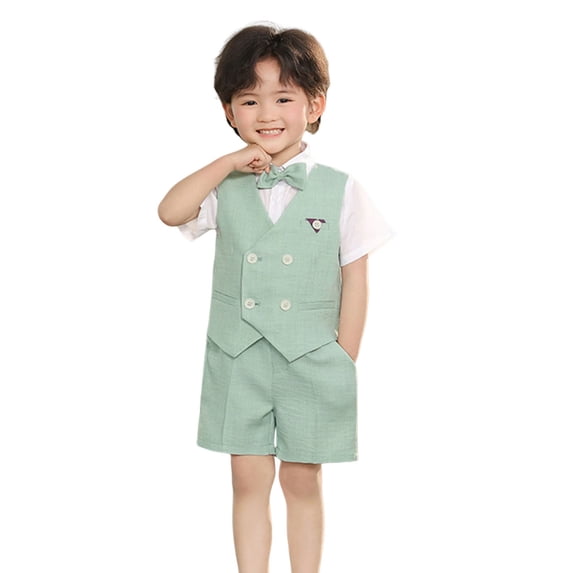 Makaor Kids Boys Work Outfits 4 Piece Collared Solid Color Summer Outfits Beach Matching Sets Short Sleeve Vest Short Trendy Travel Clothes