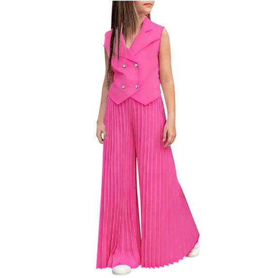 Makaor Kids Girls Work Outfits 2 Piece Solid Color Summer Travel Outfits Beach Matching Sets Sleeveless Button down Shirts Wide Leg Pants Vacation Clothes