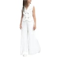 thumbnail image 1 of Makaor Kids Girls Work Outfits 2 Piece Solid Color Summer Travel Outfits Beach Matching Sets Sleeveless Button down Shirts Wide Leg Pants Vacation Clothes, 1 of 8