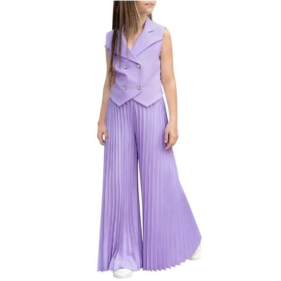 Makaor Kids Girls Work Outfits 2 Piece Solid Color Summer Travel Outfits Beach Matching Sets Sleeveless Button down Shirts Wide Leg Pants Vacation Clothes