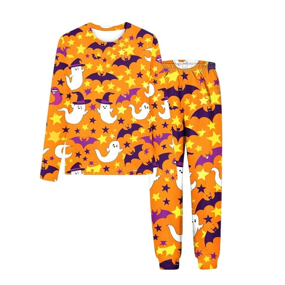 Makaor Kids Pajamas Girls Boys Halloween 2 Piece Long Sleeve Nightwear Long Pants Pjs Set Ghost Soft Loungewear