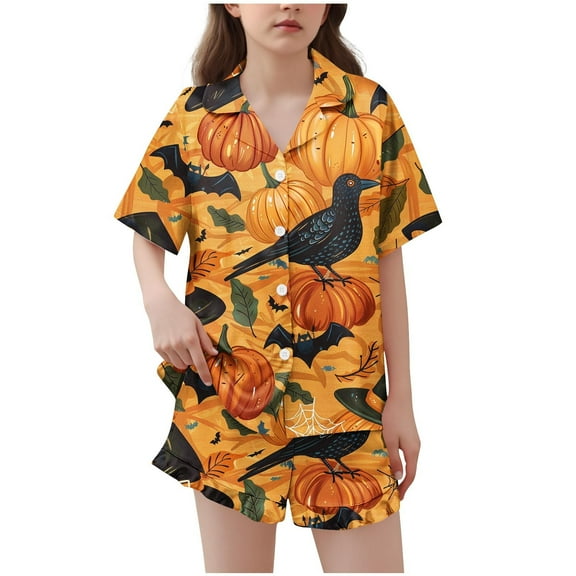 Makaor Kids Pajamas Girls Boys Halloween Button down Short Sleeve Sleepwear Shorts Nightwear Pumpkin Soft Pjs Set