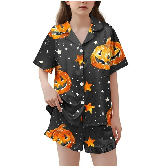 Makaor Kids Pajamas Set Girls Boys Halloween Button down Short Sleeve Pjs Set Shorts Loungewear Pumpkin Soft Sleepwear