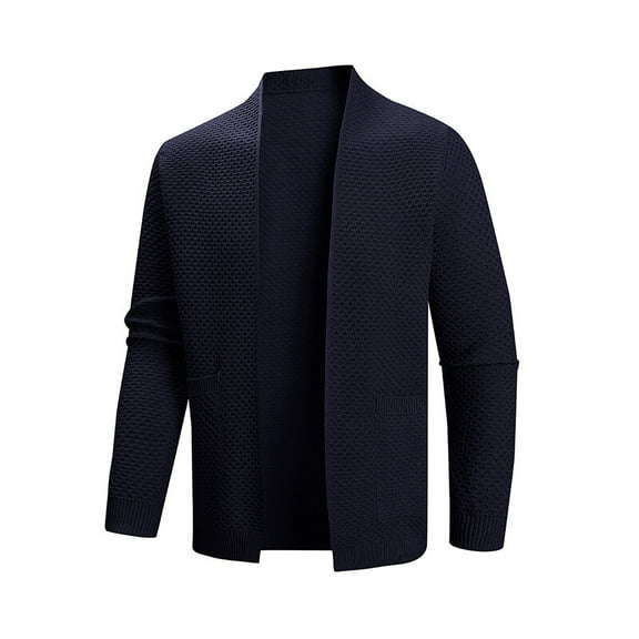 Makaor Knit Jacket for Men Mock Neck Coat Solid Color Big and Tall Long Sleeve Outerwear Winter Warm Tops Clothes Navy L