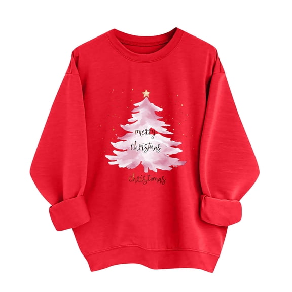 Makaor Lightweight Sweatshirts for Women Crew Neck Tops Christmas Tree Graphic Long Sleeve Pullover Tees Fleece Cute Fall Winter Clothes