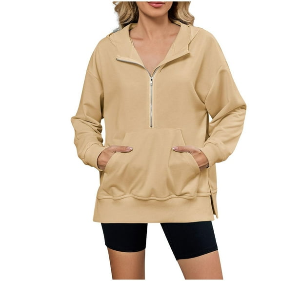 Makaor Lightweight Sweatshirts for Women Pockets Zip Mock Neck Tops Zip up Solid Long Sleeve Pullover Tees Casual Fall Outfits