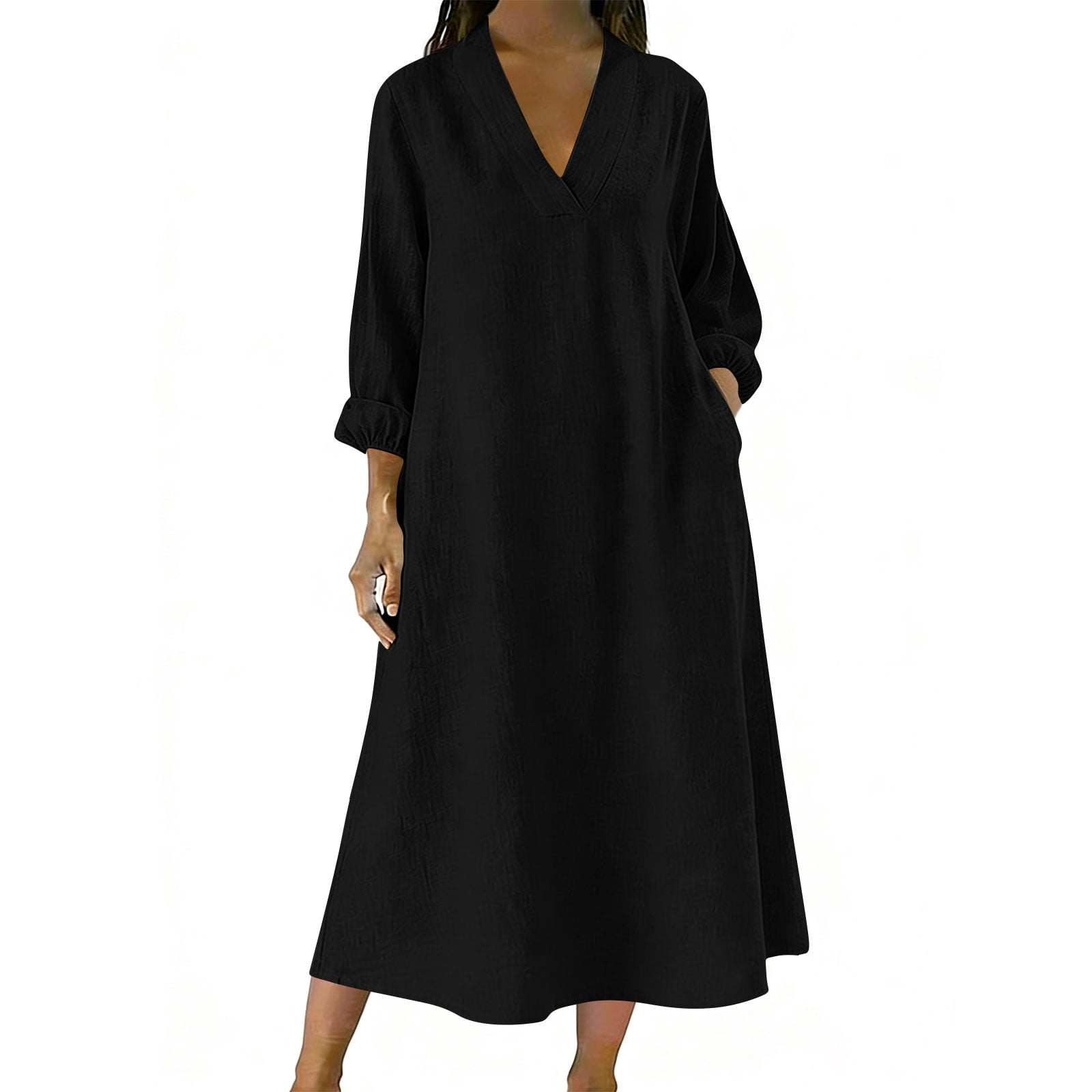 maka black dress Makaor Linen Women A Line Maxi Dresses Plus Size 3/4 Sleeve Dress Solid V Neck Lounge Dress with Pockets XL Irina Shayk goes commando