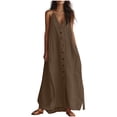 thumbnail image 1 of Makaor Linen Dress Women Plus Size Shift Button Maxi Dresses Sleeveless Solid V Neck Beach Vacation Clothes Coffee L, 1 of 4