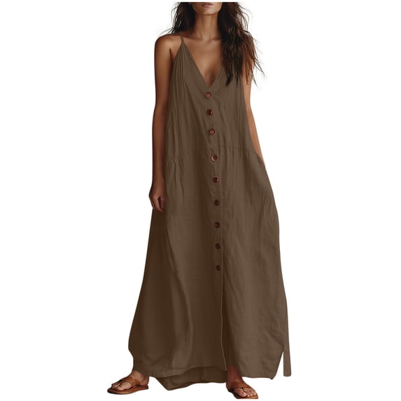 Makaor Linen Dress Women Plus Size Shift Button Maxi Dresses Sleeveless Solid V Neck Beach Vacation Clothes Coffee L