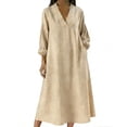 thumbnail image 1 of Makaor Linen Dresses for Women Casual Summer A Line Maxi Dresses Plus Size 3/4 Sleeve Dress Solid V Neck Lounge Dress with Pockets Khaki XL, 1 of 5