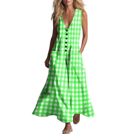 Makaor Linen Dresses for Women Plus Size A Line Button Maxi Dresses Sleeveless Gingham V Neck Beach Vacation Clothes with Pockets Green XL