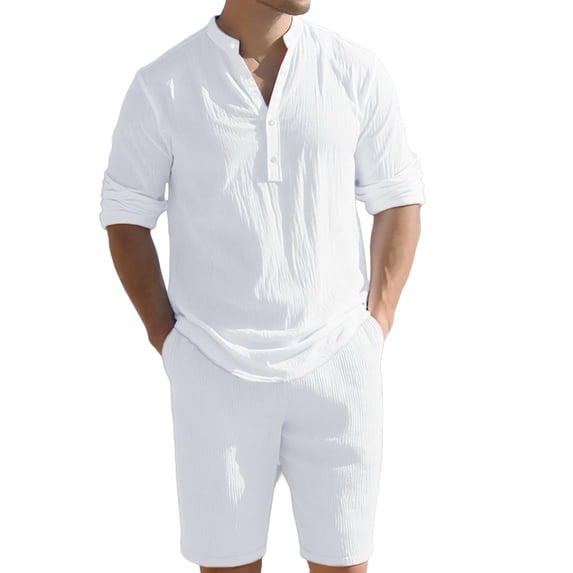 Makaor Linen Sets for Men 2 Piece Big and Tall Solid Color Lounge Sets with Pockets Travel Outfits Long Sleeve T Shirts Drawstring Short Casual Beach Vacation Clothes