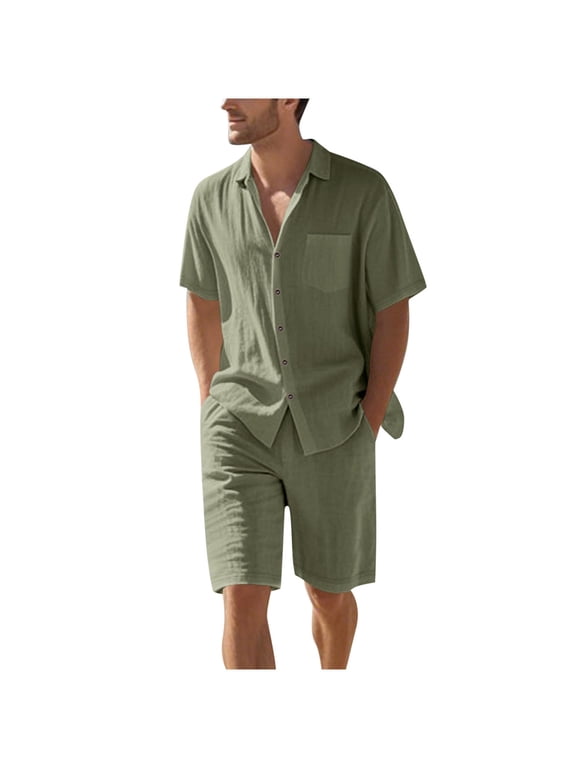 Linen Sets for Men 2 Piece Big and Tall Solid Color Matching Sets Loose Oversized Matching Outfit Short Sleeve Button down Shirts Shorts Trendy Travel Clothes