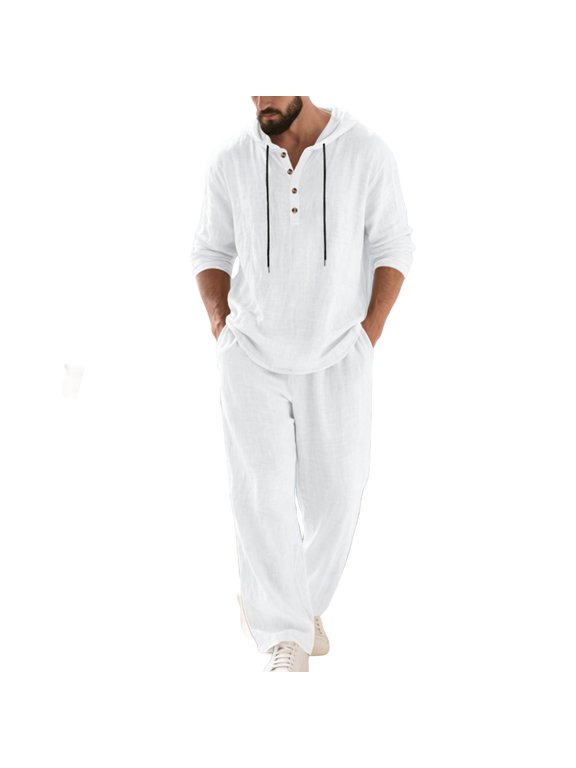 Linen Sets for Men 2 Piece Big and Tall Solid Color Summer Outfits with Pockets Matching Sets Long Sleeve T Shirts Drawstring Long Long Pants Casual Beach Vacation Clothes