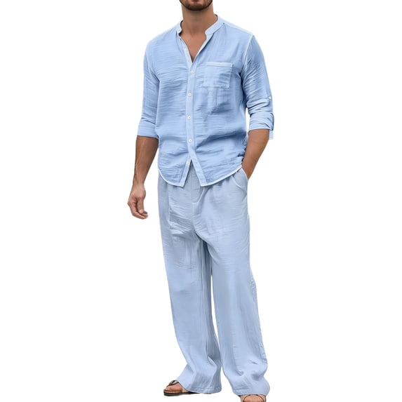 Makaor Linen Sets for Men 2 Piece Big and Tall Summer Travel Outfits with Pockets Trave Matching Set Long Sleeve Button down Shirts Drawstring Long Long Pants Casual Beach Vacation Clothes