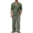 thumbnail image 1 of Makaor Linen Sets for Men 2 Piece Big and Tall Summer Travel Outfits with Pockets Trave Matching Set Long Sleeve Button down Shirts Drawstring Long Long Pants Casual Beach Vacation Clothes, 1 of 8