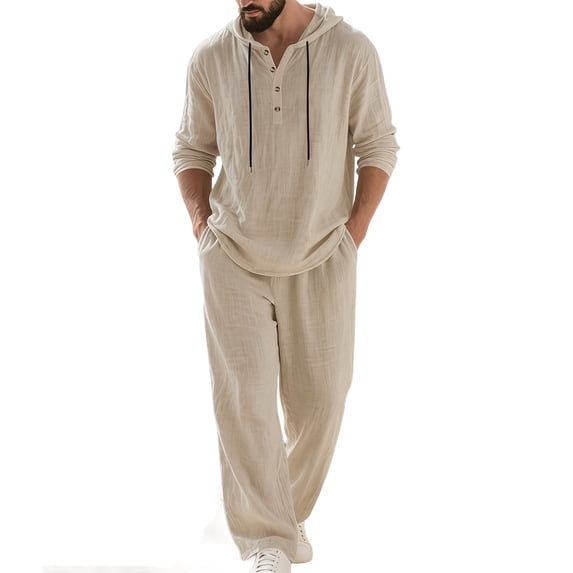Makaor Linen Sets for Men 2 Piece Summer Loose Lounge Set Big and Tall Outfits with Pockets Matching Sets Long Sleeve T Shirts Drawstring Long Long Pants Casual Beach Vacation Clothes