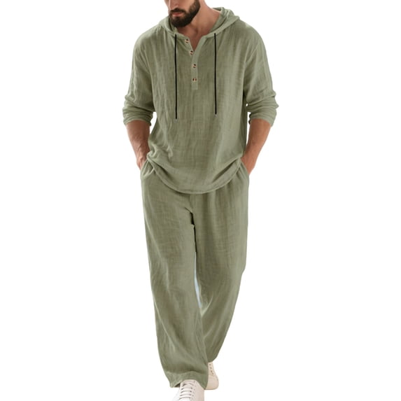 Makaor Linen Sets for Men 2 Piece Summer Loose Lounge Set Big and Tall Outfits with Pockets Matching Sets Long Sleeve T Shirts Drawstring Long Long Pants Casual Beach Vacation Clothes