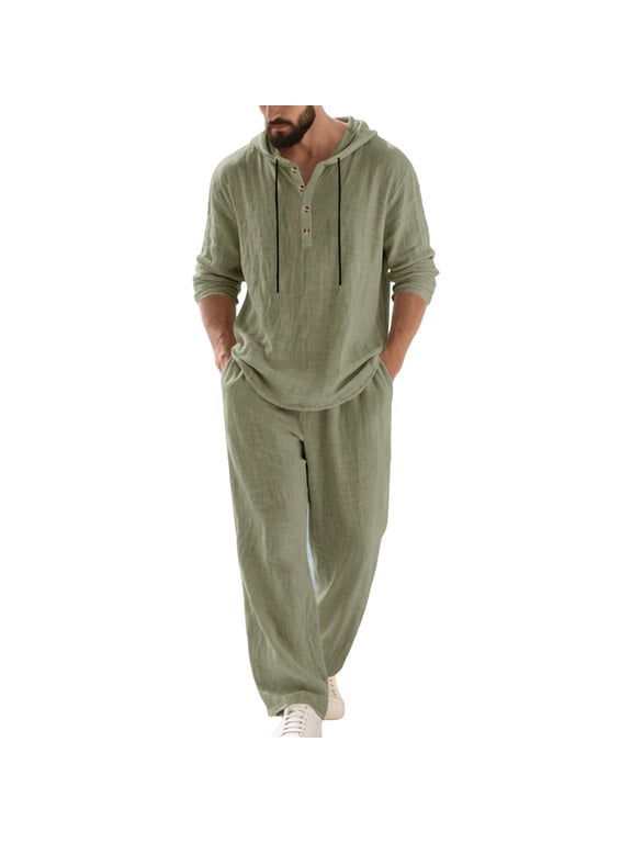 Linen Sets for Men 2 Piece Summer Loose Lounge Set Big and Tall Outfits with Pockets Matching Sets Long Sleeve T Shirts Drawstring Long Long Pants Casual Beach Vacation Clothes