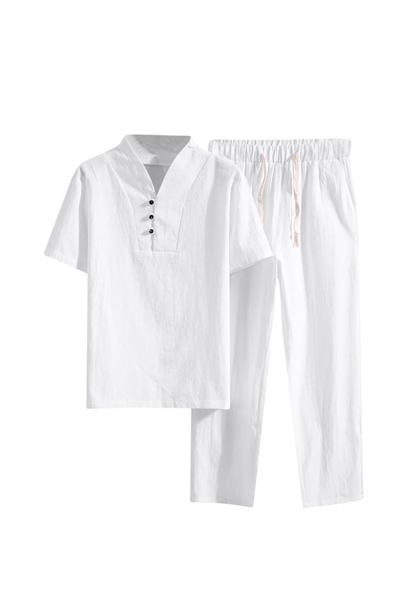 Linen Sets for Men 2 Piece Summer Loose Lounge Set Big and Tall Solid Color Matching Beach Vacation Outfits Sets Short Sleeve Button down Shirts Long Long Pants Casual Travel Clothes