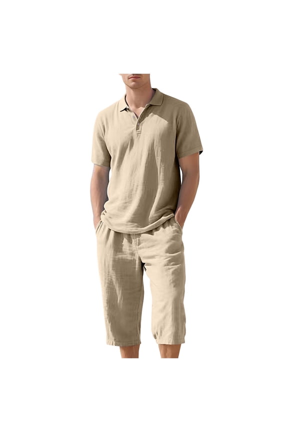 Linen Sets for Men 2 Piece Summer Loose Lounge Set Big and Tall Solid Color Matching Sets Beach Outfits Short Sleeve T Shirts Drawstring Capri Pants Trendy Vacation Clothes