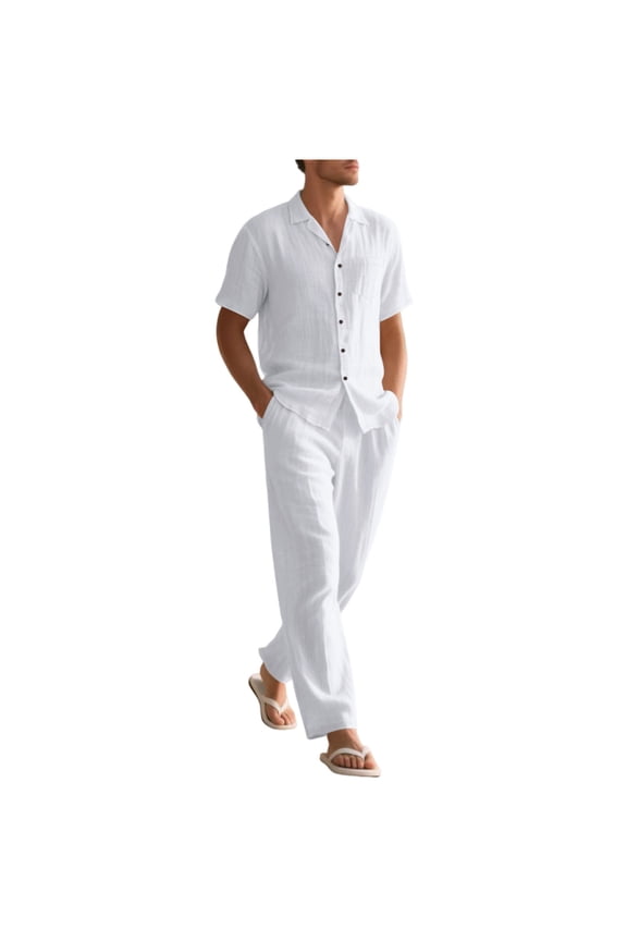 Linen Sets for Men 2 Piece Summer Loose Lounge Set Big and Tall Solid Color Matching Sets Outfits Short Sleeve Button down Shirts Long Long Pants Trendy Travel Clothes