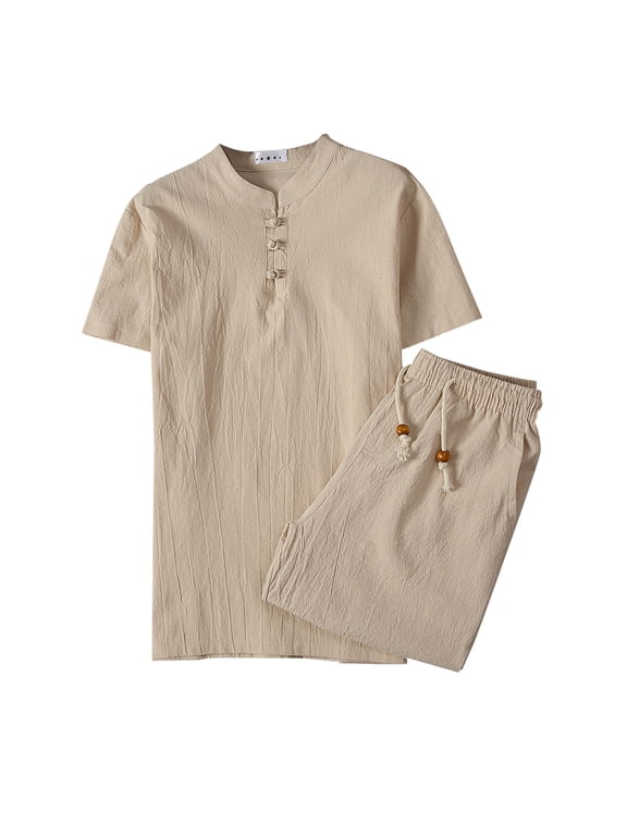 Linen Sets for Men 2 Piece Summer Loose Lounge Set Big and Tall Solid Color Matching Sets Outfits Short Sleeve Button down Shirts Shorts Trendy Travel Clothes