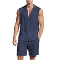 thumbnail image 1 of Makaor Linen Sets for Men 2 Piece Summer Loose Lounge Set Big and Tall Solid Color Matching Sets Vacation Outfits Sleeveless Button down Shirts Drawstring Shorts Trendy Travel Clothes, 1 of 8