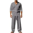 thumbnail image 1 of Makaor Linen Sets for Men 2 Piece Summer Loose Lounge Set Big and Tall Solid Color Sets Travel Outfits Long Sleeve Button down Shirts Long Long Pants Beach Vacation Clothes, 1 of 8